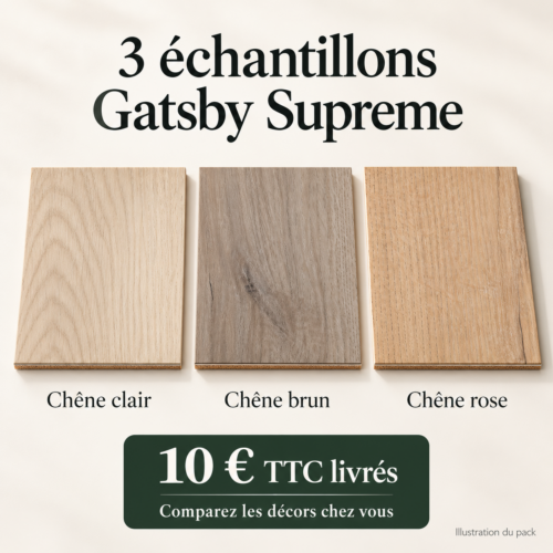 Présentation des trois échantillons Gatsby Supreme chêne clair, brun et rose à 10 € TTC, livraison incluse