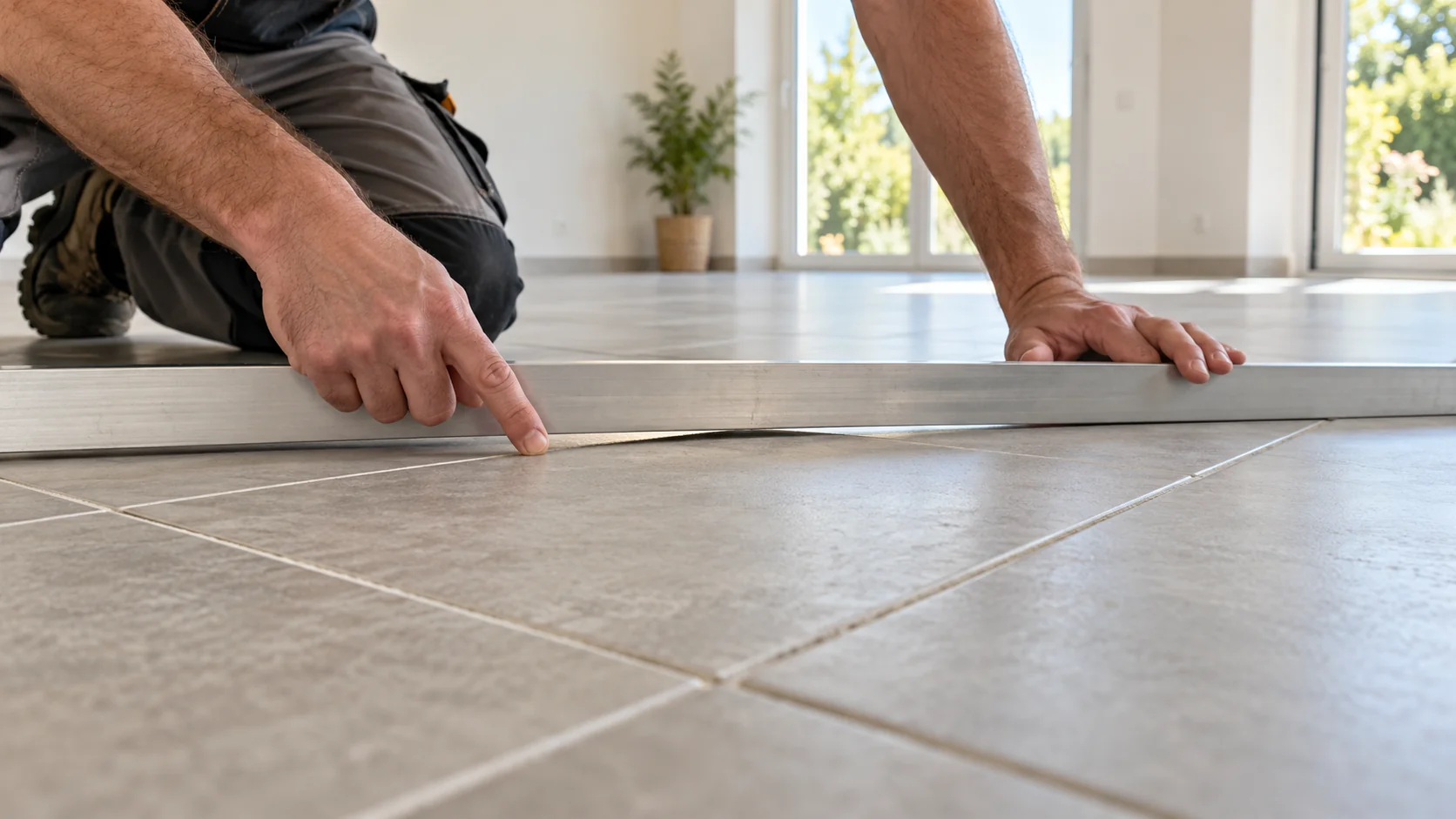 Illustration d’un contrôle de planéité à la règle sur un carrelage avant la pose de lames PVC clipsables.